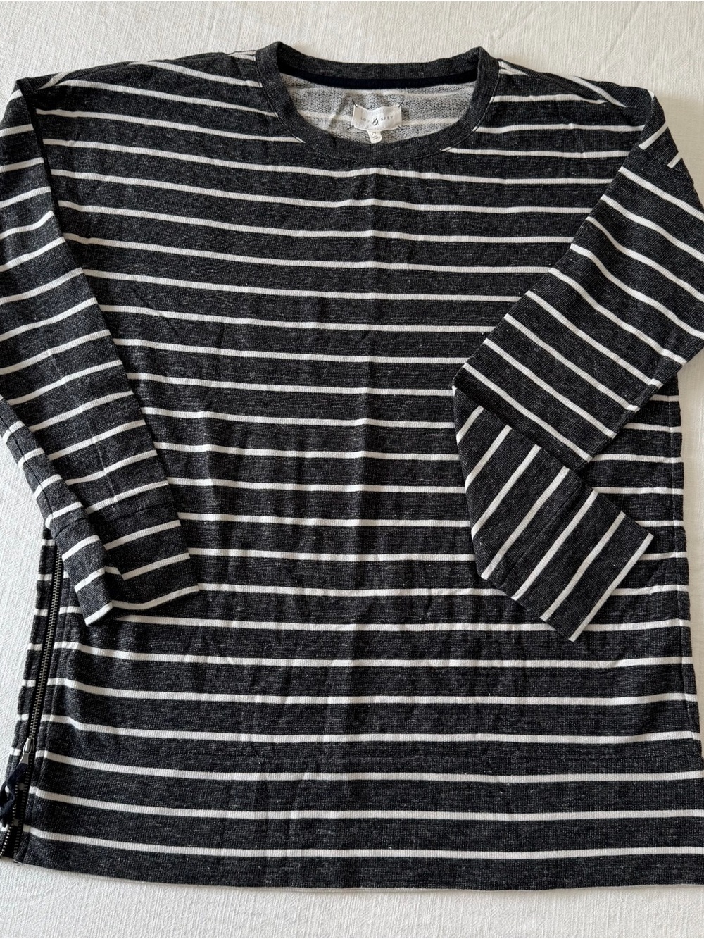 Lou & Grey Black and White Striped Side Zip Crewneck Sweater